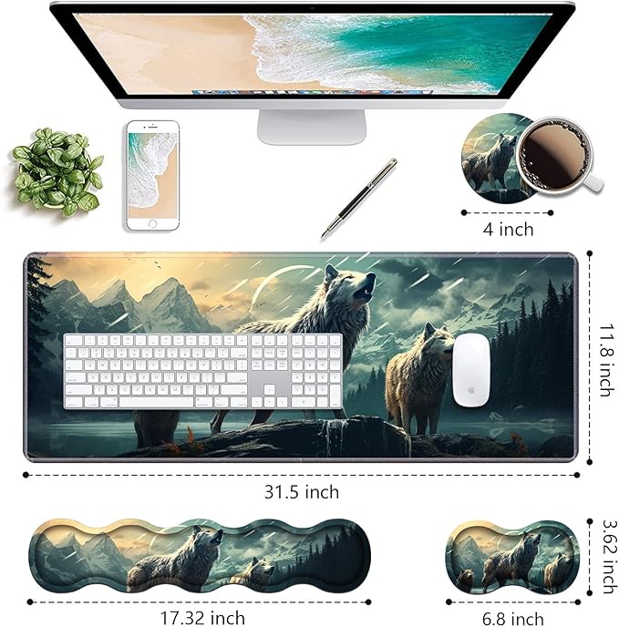 Ergonomic Keyboard Wrist Rest &amp Mouse Pad Wrist Rest Set Large XXL Gaming Desk Mat 31.5x 11.8 with Non-Slip Base Memory Foam Easy Typing Pain Relief for Home &amp Office White Wolf