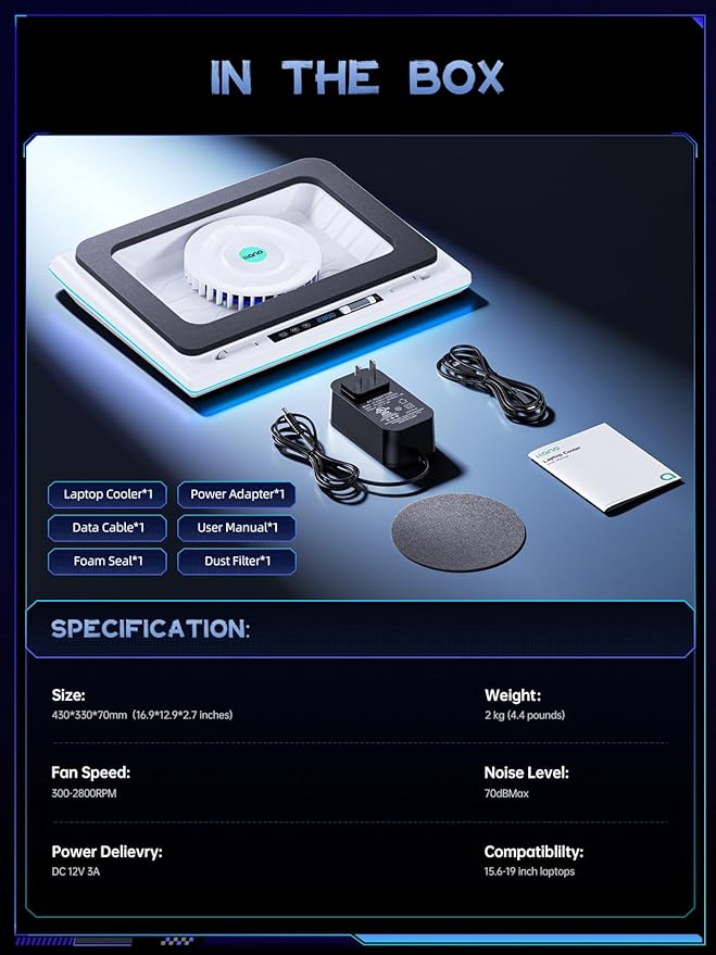 llano RGB Laptop Cooling Pad White Powerful Turbofan Quiet Cooling Touch Control LCD Screen Seal Foam 15-19in Laptops