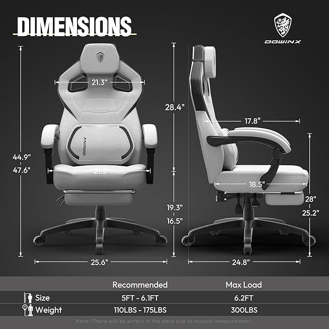 Dowinx Fabric Gaming Chair with Footrest Big and Tall Gaming Chair for Heavy People Wide Back Gamer Chair for Adult Computer Game Chair with Massage for 200lbs Grey