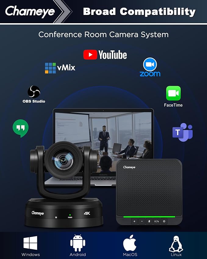 Chameye 4K Video Conference Room Camera AI Auto Tracking PTZ Camera 4K 20X Zoom LAN HDMI USB3.0 PTZ Cam and Bluetooth Conference Speaker&ampMicrophone Bundle for Large Remote Meeting CB201 Black