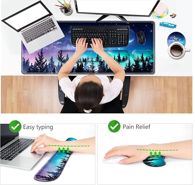 AIMSA Large Gaming Mouse Pad Set Keyboard Wrist Rest Support + Extended Mouse Pad + Mouse Wrist Cushion + Coaster Ergonomic Memory Foam Multifunctional Desk Mat 35x15.7inch (Forest Moon Sky)