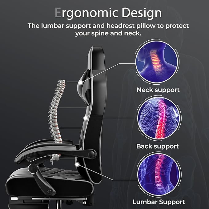 POWERSTONE Gaming Chair Video Game Chair with Footrest and Lumbar Support Racing Style PU Leather Computer Chair Ergonomic Adjustable Swivel Task Chair Gray