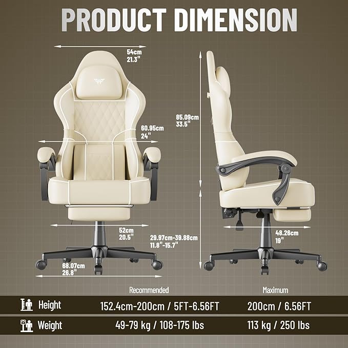 Ferghana Gaming Chair Leather Comfortable Computer Chair with Footrest and Linkage Armrest Ergonomic High Back Game Chair with Massage Lumbar Support for Adult Beige
