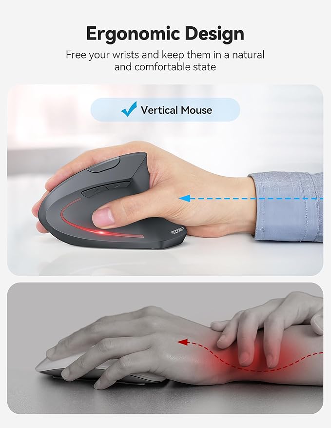 TECKNET Ergonomic Mouse Rechargeable 2.4G+Bluetooth Vertical Mice 6 DPI Adjustable Wireless Optical Carpal Tunnel Mouse Right Hand Multi Device for Laptop PC Computer MacBook iPad - Grey