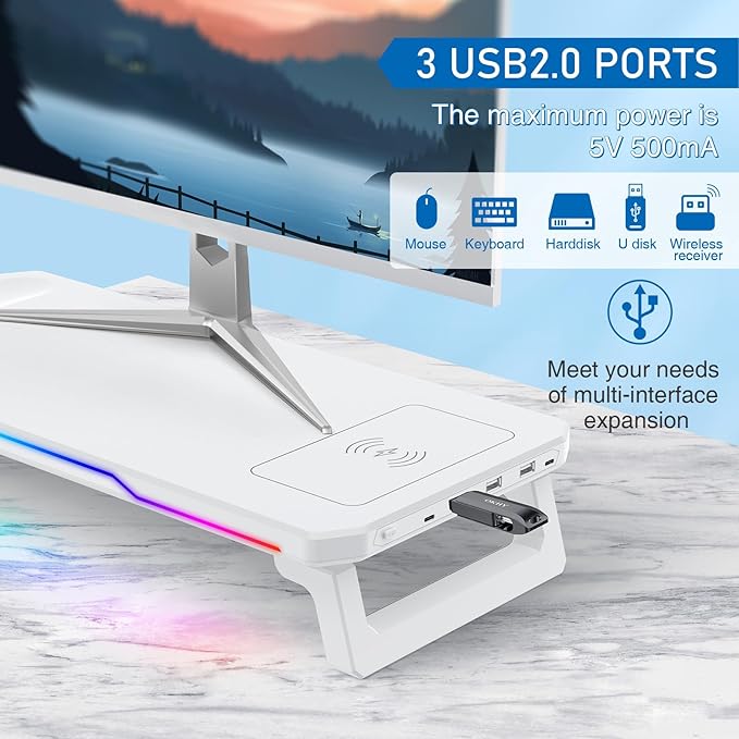 Monitor Stand with Usb Hub (3.0 &amp Type-C) and 15W Fast Wireless ChargingMonitor Riser with Usb C Ports for PC iMac (27 inches) Vibrant RGB Lighting Desk Organizer for Office/Home (White)