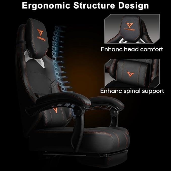 VITESSE Big and Tall Gaming Chair with FootrestErgonomic Video Gaming Chair with Oversized Headrest and Lumbar Support for Adults 400lb Weight CapacityComputer Chair for Office or Gaming (Orange)