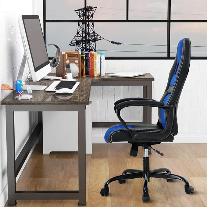 Executive PC Gaming Chair with Lumbar Support &amp Headrest - Ergonomic Leather Racer Task Chair for Home Office Gaming Room - Heavy Duty &amp Comfortable (Blue)