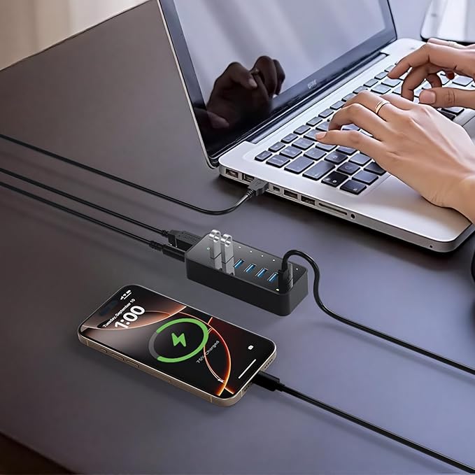 USB 3.0 Hub 7Ports USB Hub with 1BC1.2 Ports Multi USB Data Hub Compatible with Mac Laptops Desktop All USB Devices Mobile and HDD USB 3.0 Splitter (36W Adapter Included)