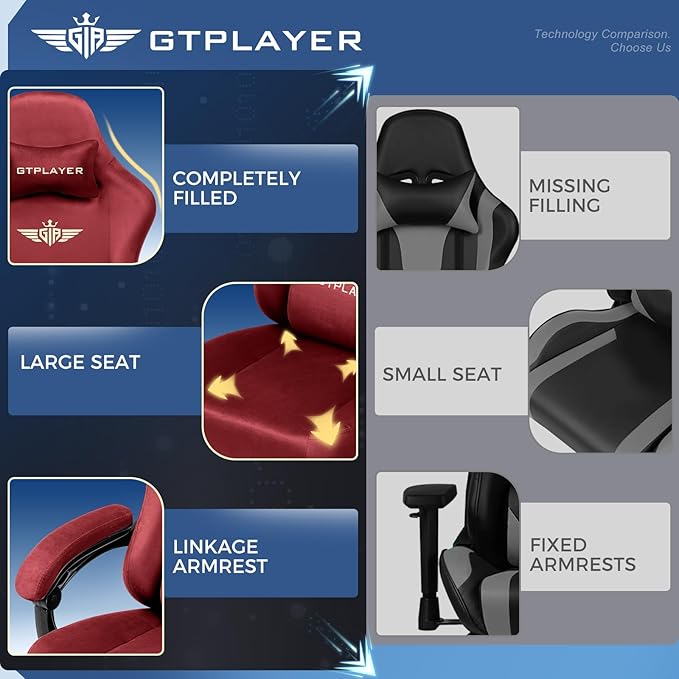 GTPLAYER Gaming Chair Fabric with Pocket Spring Cushion Big and Tall Gamings Chairs 350LBS High Back Computer Chair with Footrest for Adults Lumbar Support Swivel Game Chair for Office Gaming Red