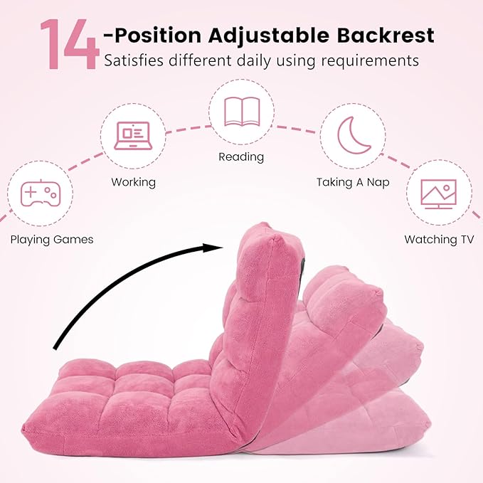 MAT EXPERT Floor Chair with Back Support Floor Gaming Chair w/ 14 Adjustable Position Soft Coral Fleece&ampAlloy Steel Frame Foldable Padded Lazy Couch Recliner for Meditating (Pink Large)