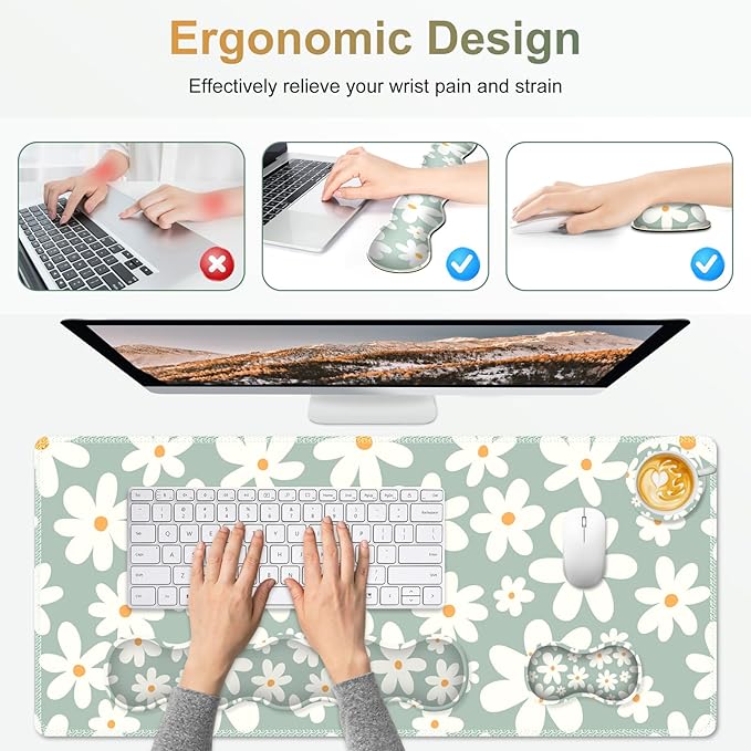 Desk Mat Gaming Mouse Pad Cute Desk Matt Keyboard Wrist Rest for Desktop Anti-Slip Big Mousepad Stitched Edges XXL Large Mouse Pad with Wrist Support for Home Office Computer I Morandi Daisy