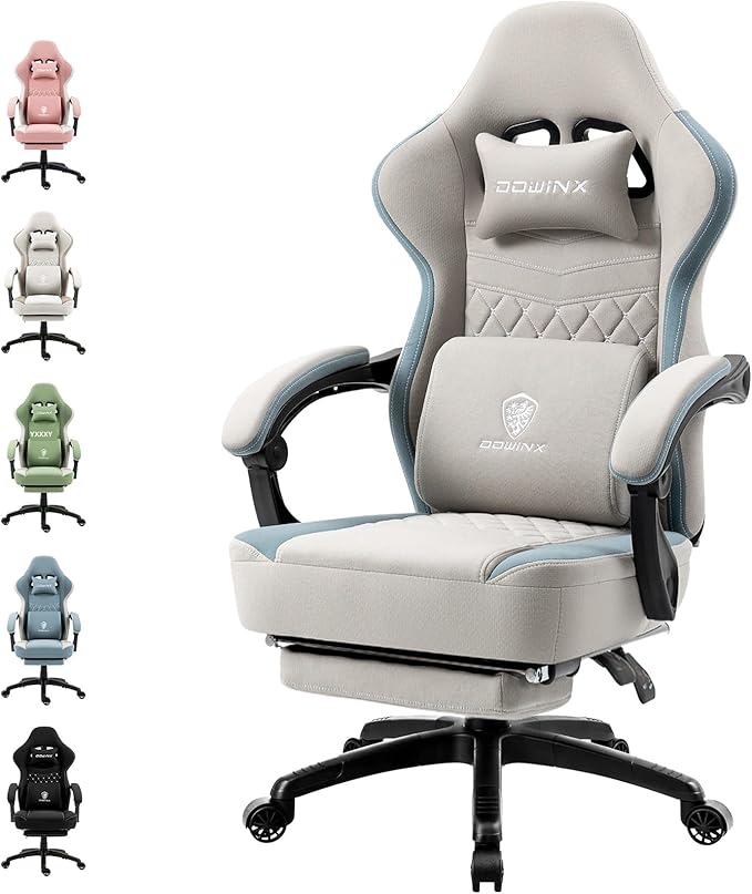 Dowinx Gaming Chair Breathable Fabric Game Chair with Gel Pad and Storage Bag Comfortable Gamer Chair with Pocket Spring CushionErgonomic Computer Chair with FootrestGrey