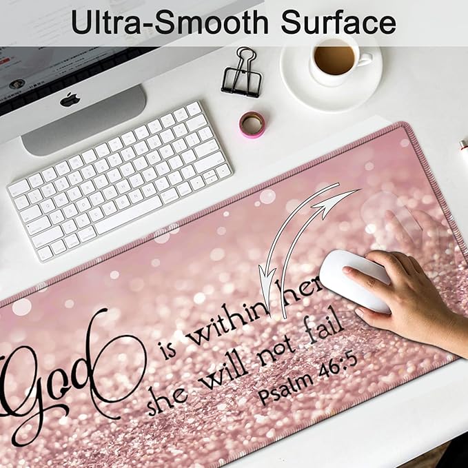 Large Gaming Mouse Pad Extended Waterproof Desk Pad Protector (31.5 x 11.8) Ergonomics Memory Foam Mouse Wrist Rest Support for Home Office Laptop Easy Typing Psalm 46:5 Bible Pink Mouse Mat