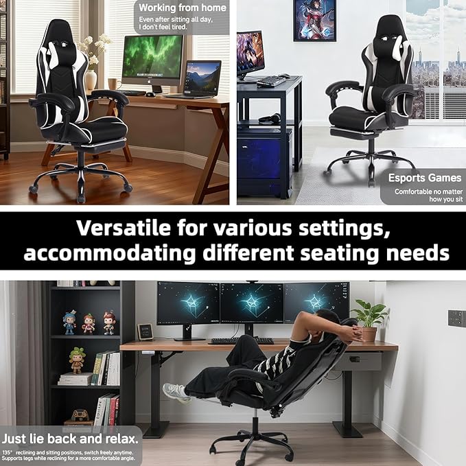 Gaming Chair Computer Chair with Footrest HeadrestLumbar Support and Ergonomic Adjustable Design for Office or Gaming (White)