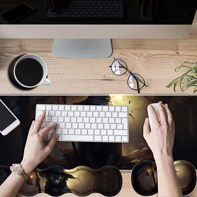 Gaming Mouse Pad Set Large Gaming Mouse Pad+Keyboard Wrist Rest+Mouse Wrist Rest+Coaster Easy Typing Pain Relief 31.5 × 11.8 inch Desk Mat for Home Office - Black Cat Witch