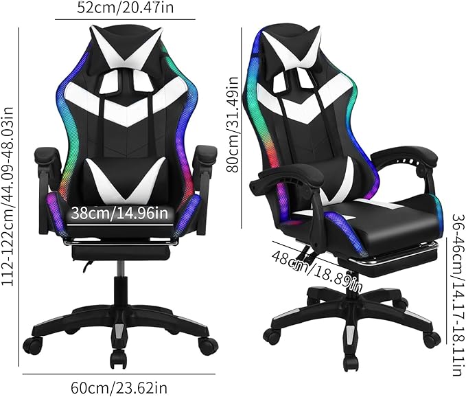 Gaming Chair with Bluetooth Speakers LED Light Adjustable Height Retractable Footrest &amp Massage Lumbar Support - Ergonomic Office Computer Chair for Adults Gamers Internet Cafe Home Black