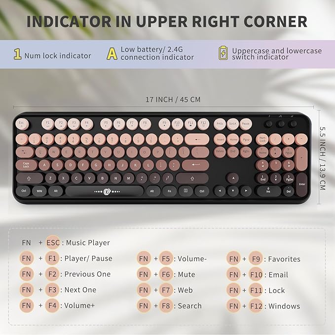 FOPETT Wireless Keyboard and Mouse Combo 104 Keys Full-Sized 2.4 GHz Round Keycap Colorful Keyboards USB Receiver Plug and Play for Windows Mac PC Laptop Desktop (GradientPink)