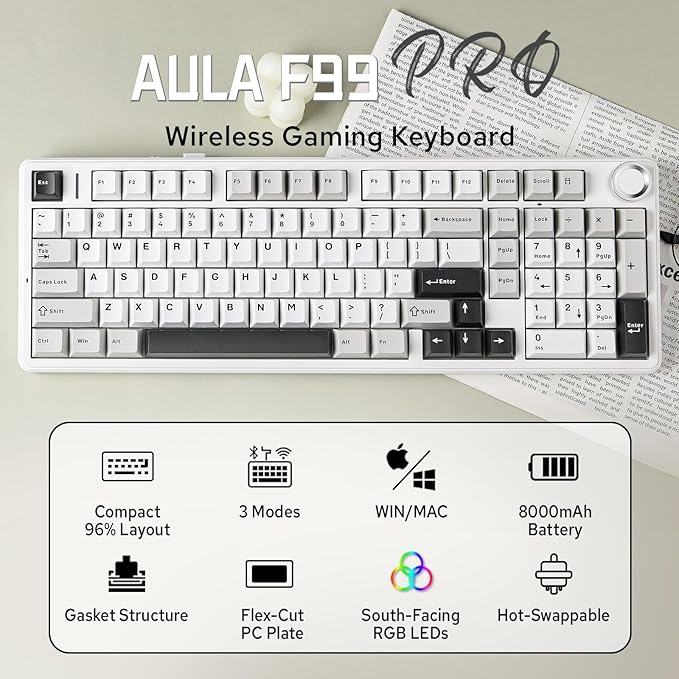 MechLands Aula F99 PRO 96% Mechanical Gaming Keyboard BT5.0/USB-C/2.4GHz Wireless Hot Swappable Gasket Custom Keyboard with 8000mAH Battery Rotary Knob RGB Backlit for Win/Mac (White Grey)