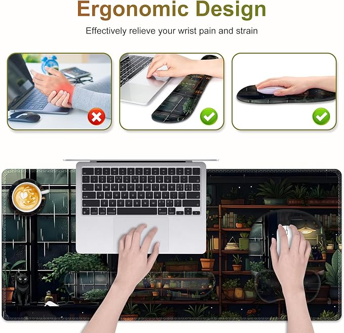 Aesthetic Green Plant Books Mouse Pad with Wrist Support 4 in1 Set XXL Big Game Mousepad + Keyboard Wrist Rest + Mouse Wrist Rest Pad +Coaster Gaming Mat for Work Study I Japanese Anime Lofi Cat