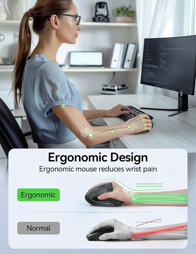 TECKNET Ergonomic Mouse Rechargeable Vertical Ergo Mouse Wireless 800-4800 Levels 5 Adjustable DPI Silent 2.4GHz Optical Carpal Tunnel Mouse for Right Hand USB Wireless Mice for Laptop PC