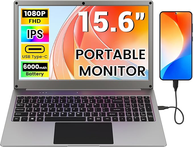 Portable Monitor with Keyboard 15.6 Inch Lapdock Display with 6000mah Built-in BatteryCrowView Note 1080P FHD USB C Monitors Compatible with RPi5 PC Phone Mac Game Console