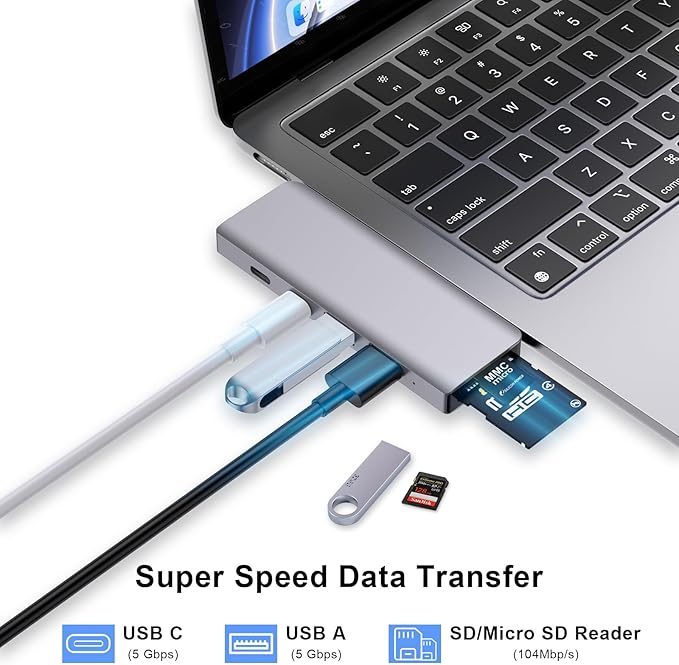 USB C Hub 6-in-2 USB Adapter for MacBook Pro Air Thunderbolt 4 Dock with 100W PD 40Gbps USB-C 3.0 2 USB-A 3.0 SD/TF Card Reader Compatible with MacBook Pro Air M1/M2/M3/M4