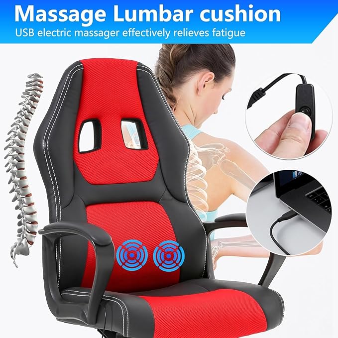 PC Gaming Chair Ergonomic Computer Chair Height Adjustable Chair Massage Game Chair Breathable Office Chair Ergonomic Desk Chair with 360°-Swivel Wide Seat for Office or Gaming Red