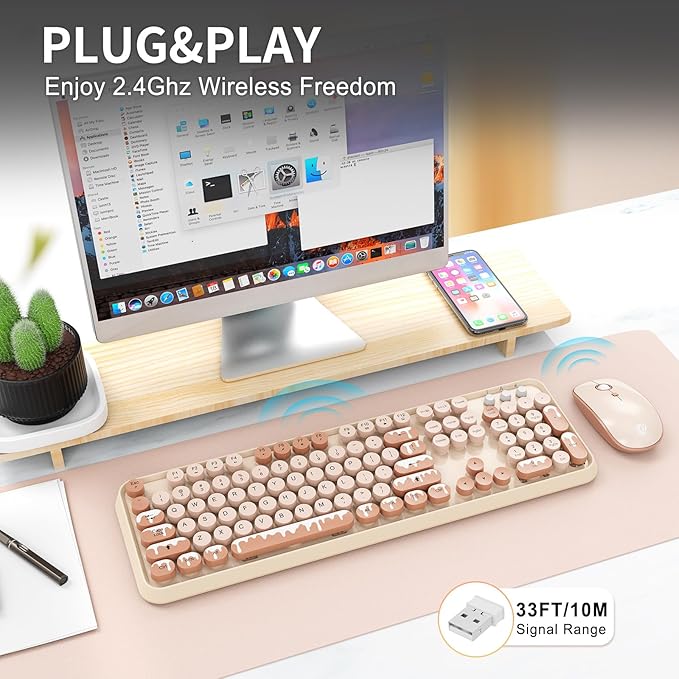 Wireless Keyboard and Mouse Combo 2.4 GHz Wireless Full-Sized Typewriter Keyboard with Round Keycaps for Windows Computer Desktop PC Laptop (Ice Cream)