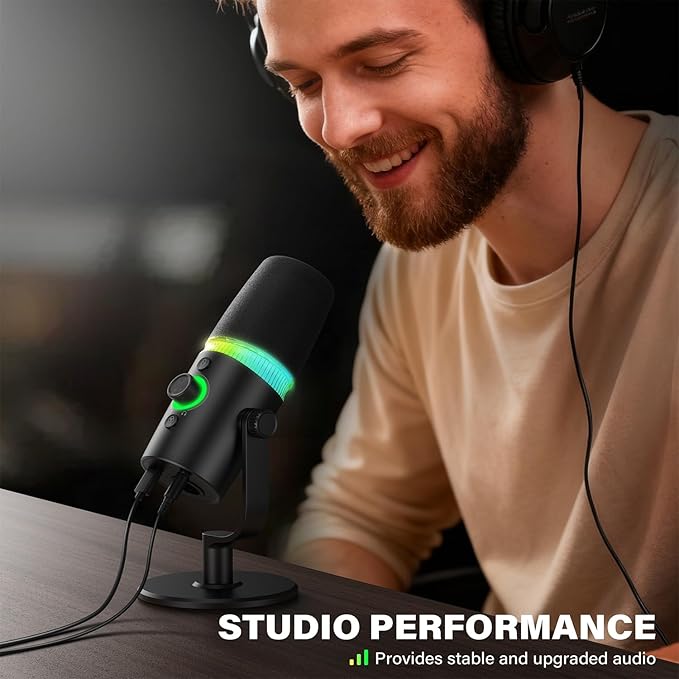 USB/XLR Dynamic Microphone Podcast &amp Gaming Microphone for PC Vocal Mic with RGB Lighting Tap-to-Mute Gain Control &amp Headphone Monitoring for YouTube Streaming