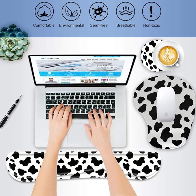 Keyboard Wrist Rest Pad Ergonomic Mouse Pad SetNon-Slip PU Base for Laptop Home Gaming OfficeMatching Elephant Pen Holder and Cup Coaster(Cute Cow Pattern)
