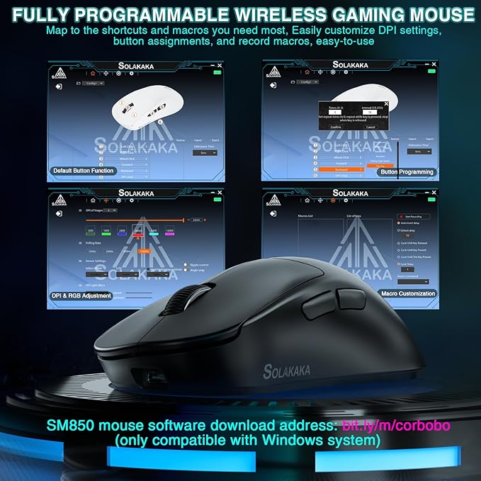 SOLAKAKA SM850 Gaming Mouse Wireless 24000 DPI 55g Lightweight Mouse Gaming 6 Programmable Buttons Ergonomic Computer Mouse Tri-Mode BT5.1/2.4G/USB-C 250h Battery Life PC Gamer Mice for Laptop
