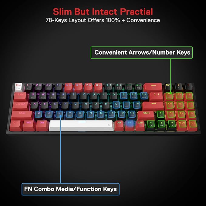 Redragon K628 PRO 75% 3-Mode Wireless RGB Gaming Keyboard 78 Keys Hot-Swappable Compact Mechanical Keyboard w/Hot-Swap Free-Mod PCB Socket Dedicated Arrow Keys &amp Numpad Red Switch