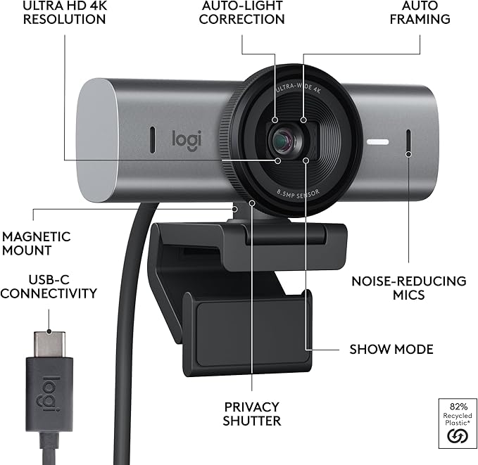 Logitech MX Brio Ultra HD 4K Webcam for Collaboration and Streaming 1080p 60 FPS Show Mode Works with Microsoft Teams Zoom Google Meet Nintendo Switch 2 Graphite