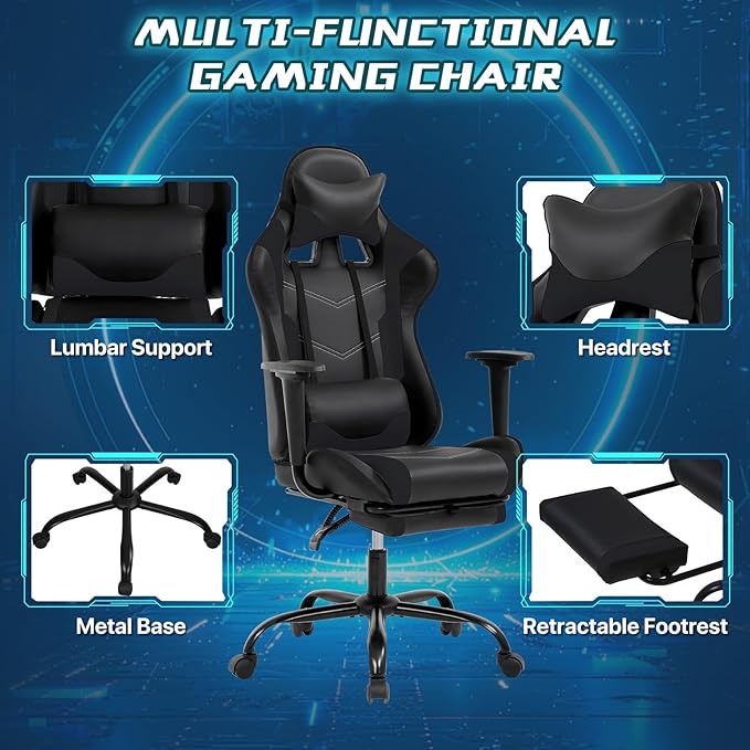 Gaming Chair Ergonomic Office Chairs PU Leather High-Back Computer Chair with Footstool and Lumbar Support360°Swivel Game Chairs with Headrest for Office &amp GamingBlack (Black)