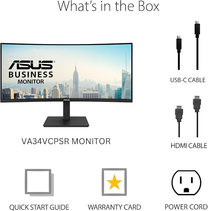 ASUS 34” Curved USB-C Docking Monitor (VA34VCPSR) - WQHD (3440x1440) 1500R Curvature Frameless USB-C PD 96W RJ45 USB hub Eye Care Ergonomic VESA Wall Mountable 3 yr Warranty