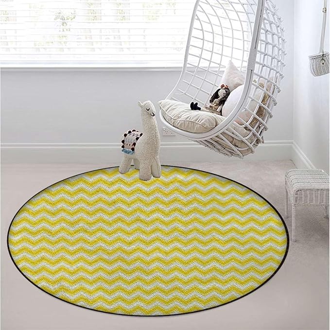 Yellow and White Gaming Chair Mat Round Floor Mats for Office Chair Computer Gaming Desk Mat for Rolling Chair Non-Slip Gaming Rug Summer Background Wave Pattern Diameter 35.4 in