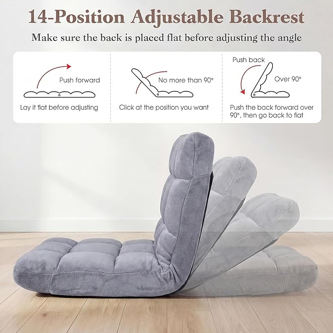 Giantex Floor Chair with 14-Position Adjustable Couch Recliner with Soft Flannel Fabric Cover Heavy Duty Metal Support Folding Gaming Floor Chair for Adults Reading (24” x 19.5” x 20”Gray)