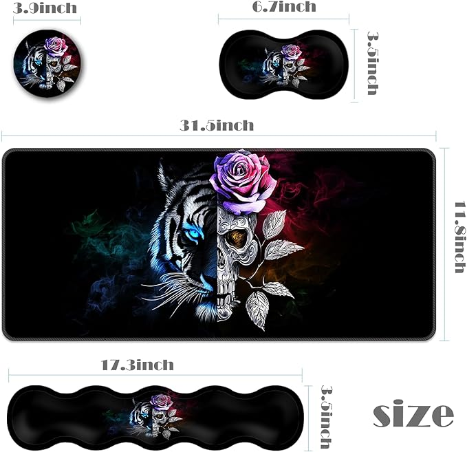 Ergonomic Keyboard Wrist Rest &amp Mouse Pad Wrist Rest SetXL Gaming Desk Mat 31.5x 11.8Non-Slip BaseMemory FoamEasy Typing Pain Relief for Office &amp HomeTiger Skull Dual Face