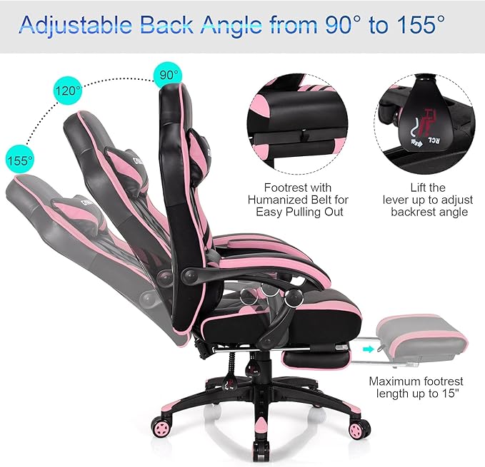 GYMAX Gaming Chair Ergonomic Computer Chair with Footrest Linkage Armrests &amp Lumbar Cushion Big Wide High Back Video Gaming Chair Reclining Office Rolling Chair for Adult/Teens (Pink)