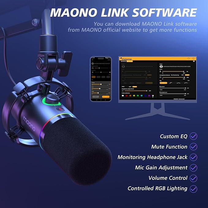 MAONO XLR/USB Dynamic Microphone Kit RGB Podcast Mic with Software Mute Gain Knob Volume Control Boom Arm for Streaming Gaming Voice-Over Recording-PD200XS Black