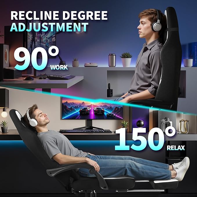 Gaming Chair Fabric Ergonomic Computer Chair with Footrest Video Gamer Chair with Pocket Spring CushionLinkage Armrests and Headrest Lumbar SupportSwivel Height Adjustable Office Chair for Adults