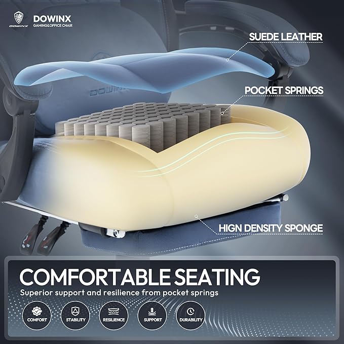 Dowinx Fabric Gaming Chair with Heated Massage Lumbar Support Computer Game Chairs for Adults Big Tall Gamer Chair with Pocket Spring Cushion and Footrest Recliner Gaming Chairs for AdultBlue