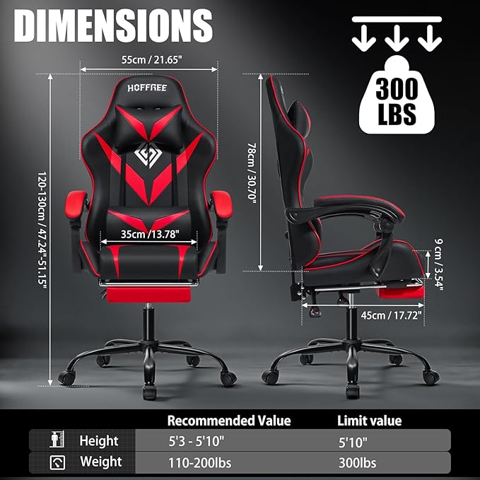 Gaming Chair with Massage Ergonomic Computer Chair with Footrest and Lumbar Support Reclining PC Game Chair for Boys with Adjustable Armrest and Headrest Red