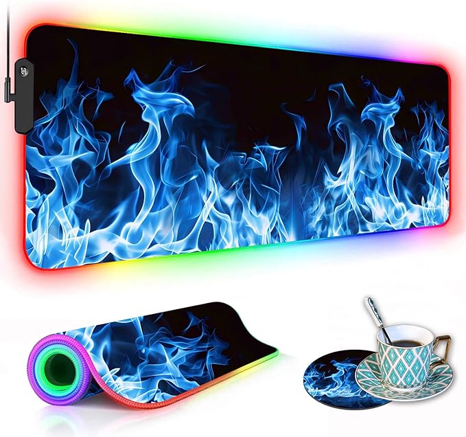 RGB Gaming Mouse Pad with Coffee Coaster XXL Large Glowing LED Mousepad Anti-Slip Rubber Base Computer Keyboard Desk Mouse Mat 31.5 X 11.8 Inch - Blue Flame