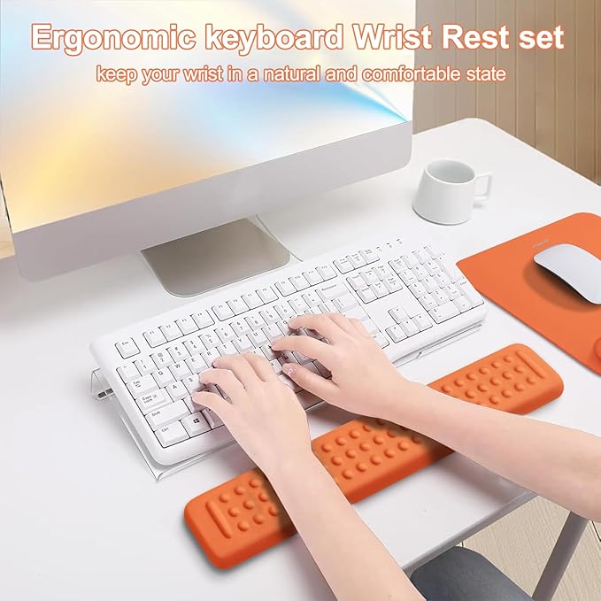 MOSISO Computer Keyboard Stand&ampWrist Rest Support for Keyboard &ampMouse Pad Set Ergonomic Massage Wrist Rest Set Easy Typing Working Acrylic Clear Stand for Office Home Cosmic Orange