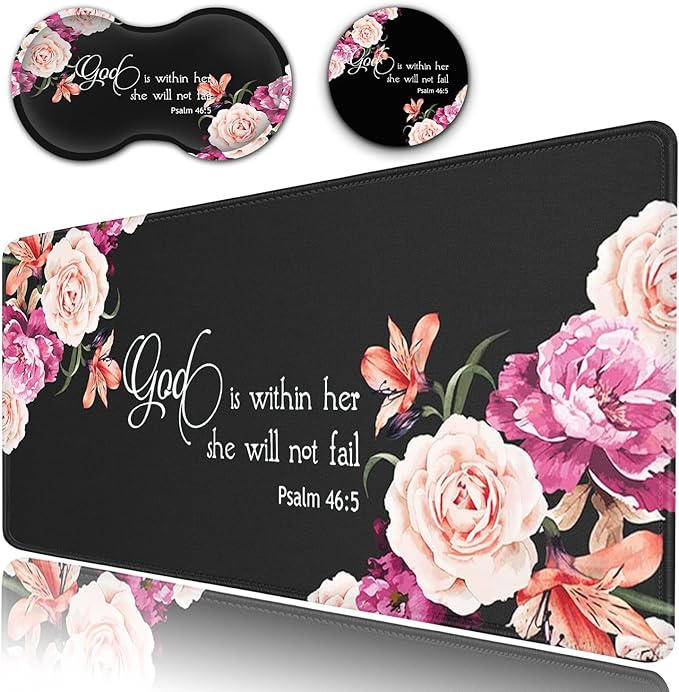 Desk Pad Extended Large Mouse Pad with Stitched Edges (31.5X11.8In) Ergonomic Mouse Wrist Rest Support Waterproof Computer Keyboard Mouse Mat Peony Flower Psalm 46:5 XXL Black Gaming Mouse Pad