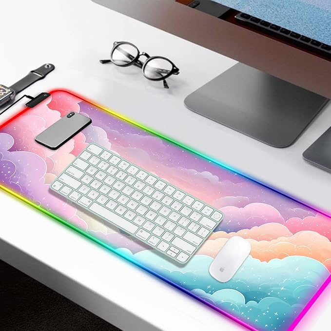 RGB Dreamy Colorful Cloud and Star Gaming Desk Mat Computer Keyboard Large Extended Long Girly LED Mouse Pad for Office and Home XL (W08)