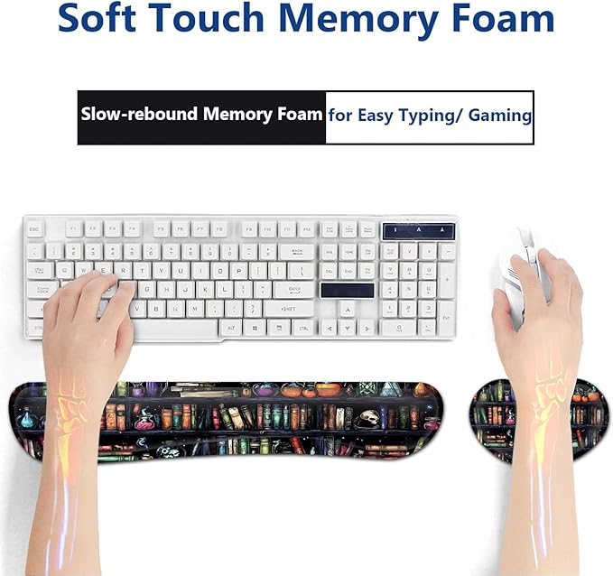 Large Mouse Pad + Keyboard Wrist Rest Set Extended Gaming Mousepad (31.5X11.8 inch) with Non-Slip Rubber Ergonomics Memory Foam Mouse Wrist Rest Support Vintage Bookshelf Painting XXL Desk Pad
