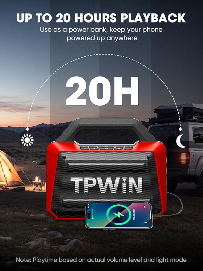 Portable Bluetooth Speakers - Wireless Speaker 80W Peak Loud Speaker with Light Strong Bass BT 5.3 TWS IPX6 Waterproof 20H Playtime for Home Party Outdoor Beach Camping - Red