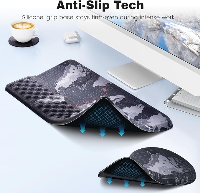 Ospelelf Ergonomic Mouse Pad and Keyboard Stand Wrist Rest Set Memory Foam Comfort Pain Relief for Typing Office Desk Accessories Map
